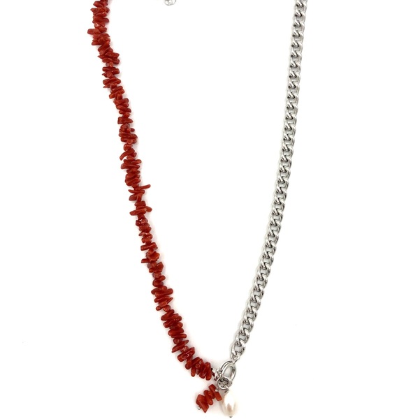 Collana in argento tit. 925m. con corallo e perla